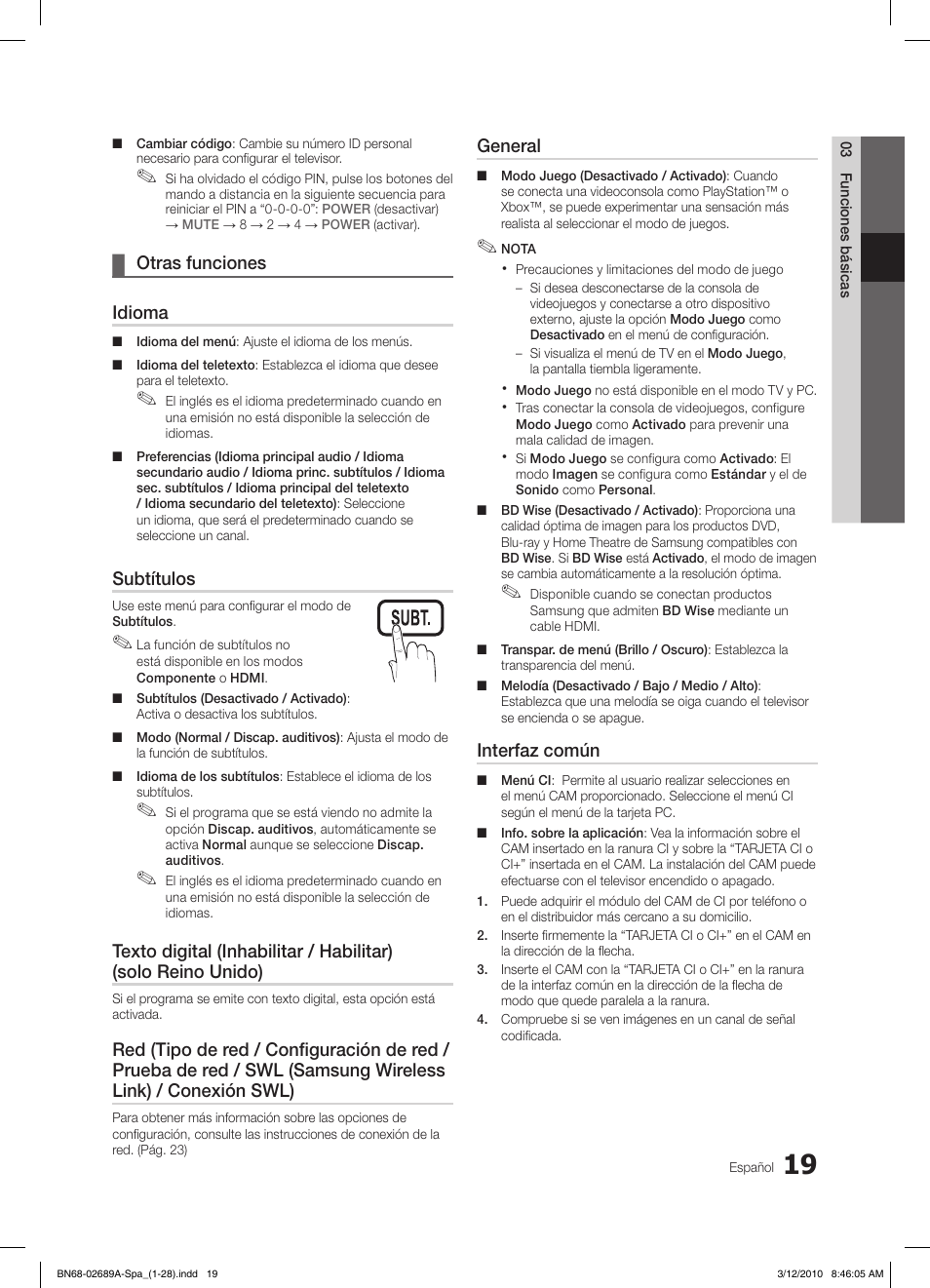 S.mode p.mode, Otras funciones ¦ idioma, Subtítulos | General, Interfaz común | Samsung LE46C630K1W User Manual | Page 117 / 296