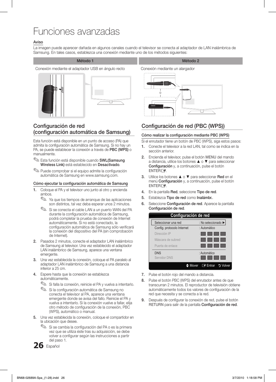 Funciones avanzadas, Configuración de red (pbc (wps)) | Samsung LE46C630K1W User Manual | Page 124 / 296