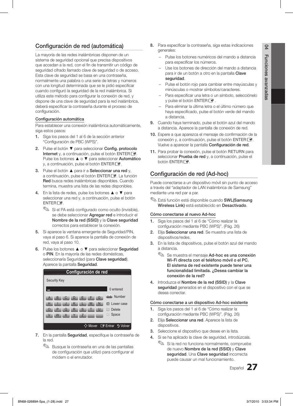 Configuración de red (automática), Configuración de red (ad-hoc) | Samsung LE46C630K1W User Manual | Page 125 / 296