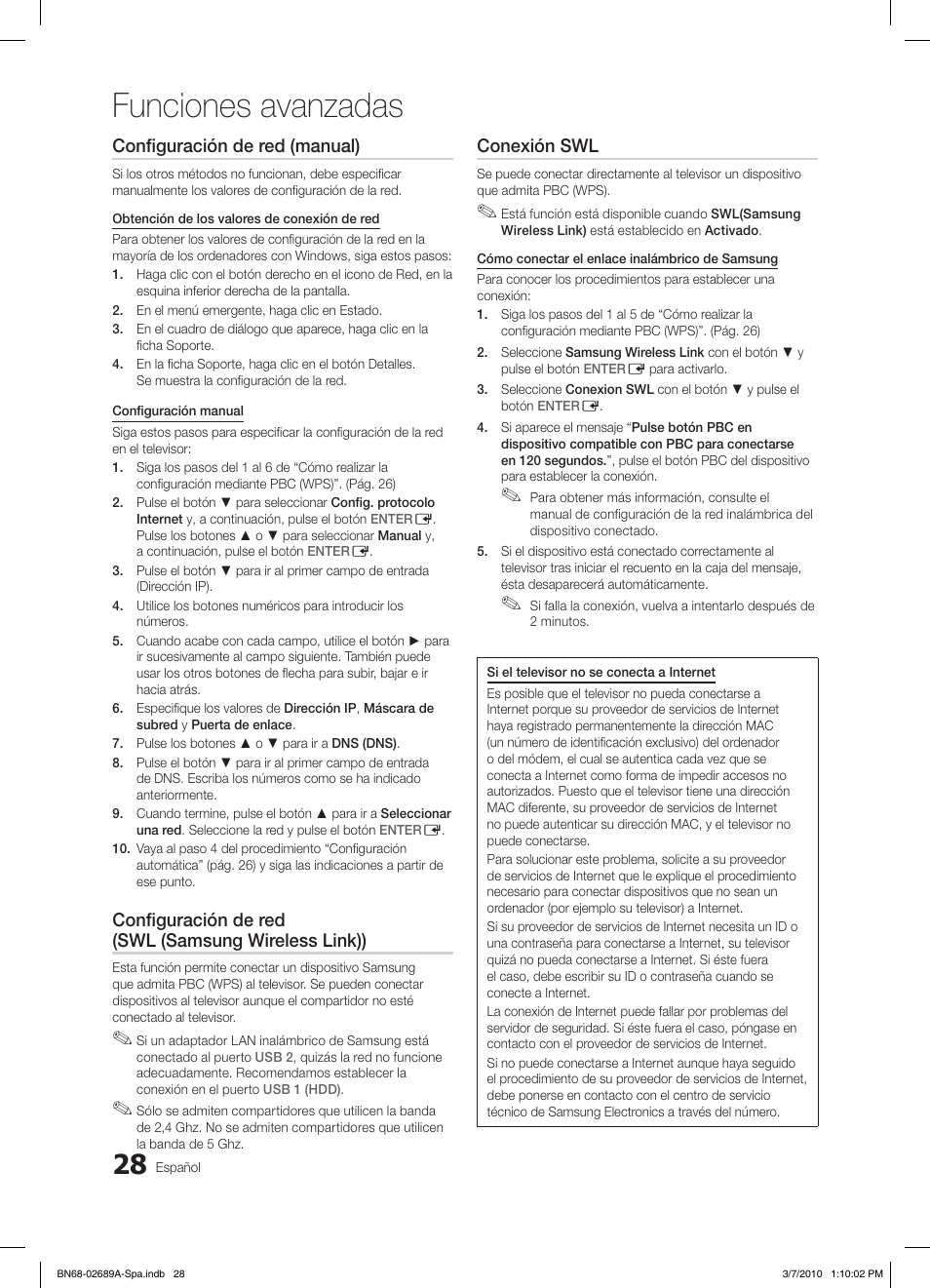 Funciones avanzadas, Configuración de red (manual), Configuración de red (swl (samsung wireless link)) | Conexión swl | Samsung LE46C630K1W User Manual | Page 126 / 296