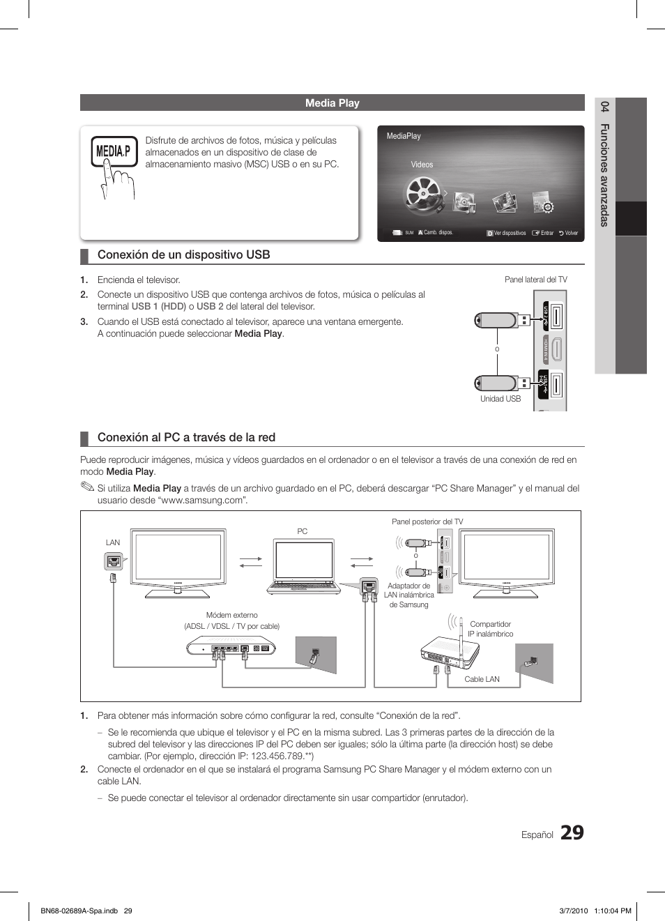 S.mode p.mode, Conexión de un dispositivo usb, Conexión al pc a través de la red | Samsung LE46C630K1W User Manual | Page 127 / 296