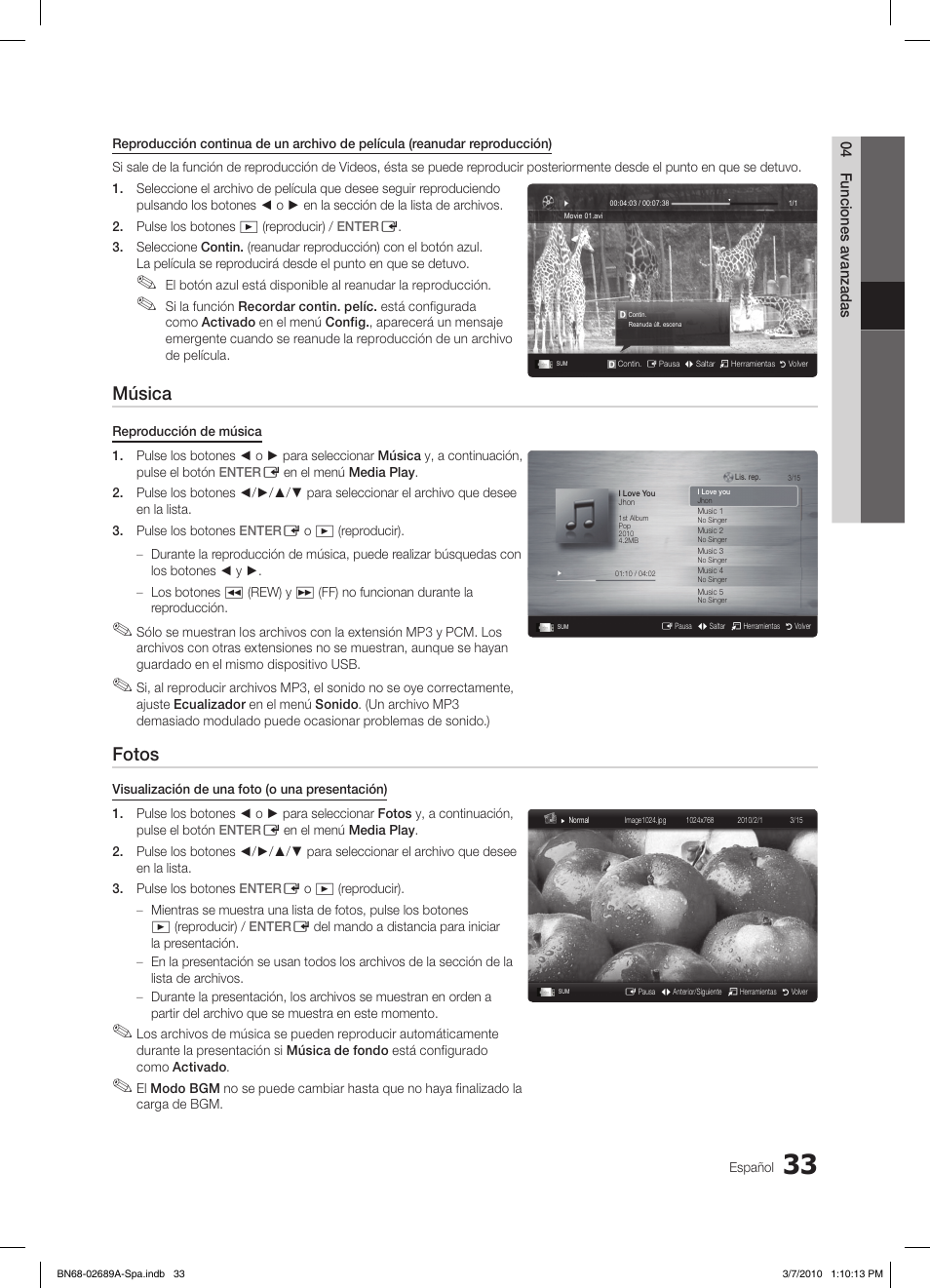 Música, Fotos | Samsung LE46C630K1W User Manual | Page 131 / 296