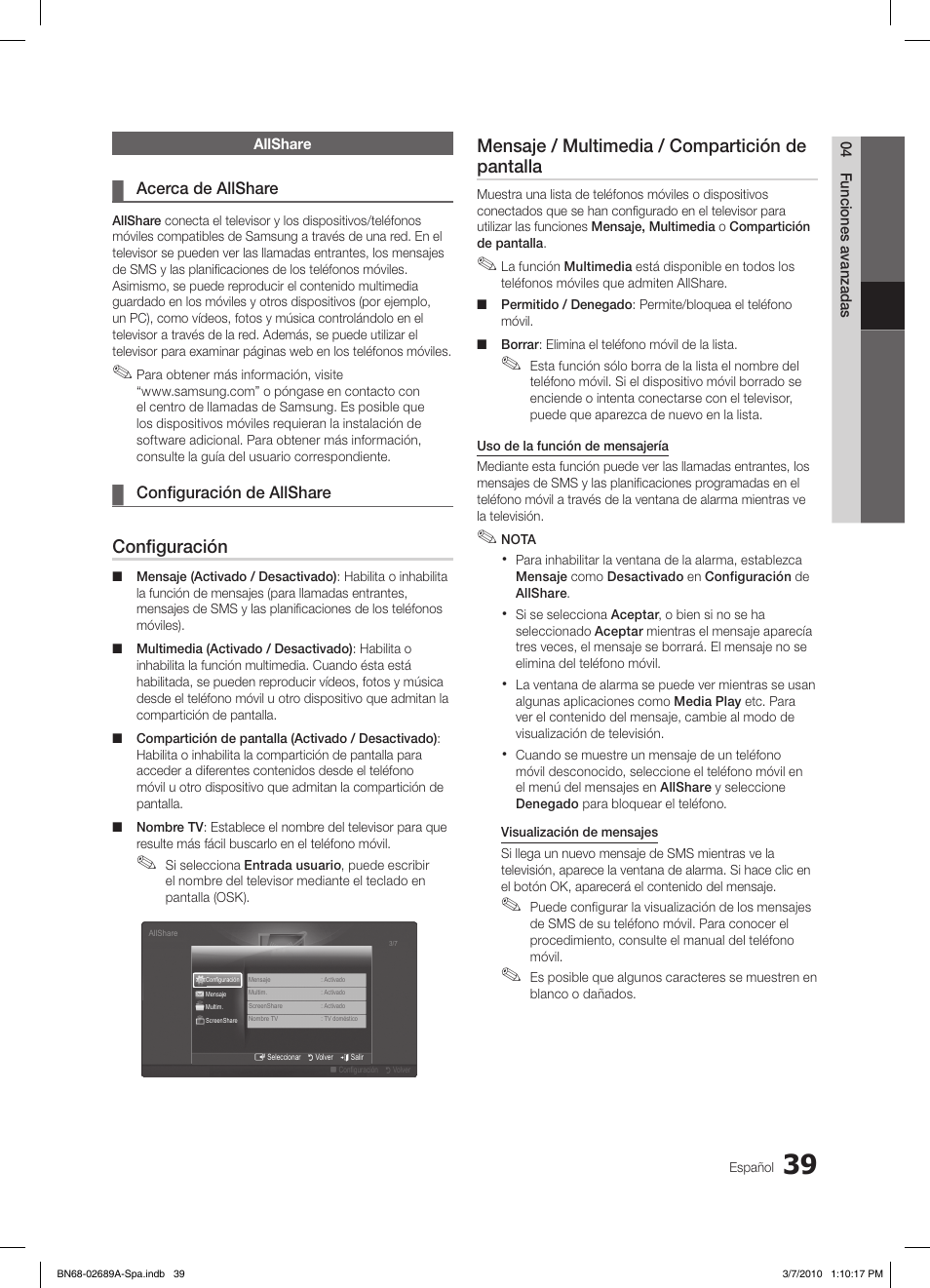Configuración, Mensaje / multimedia / compartición de pantalla | Samsung LE46C630K1W User Manual | Page 137 / 296