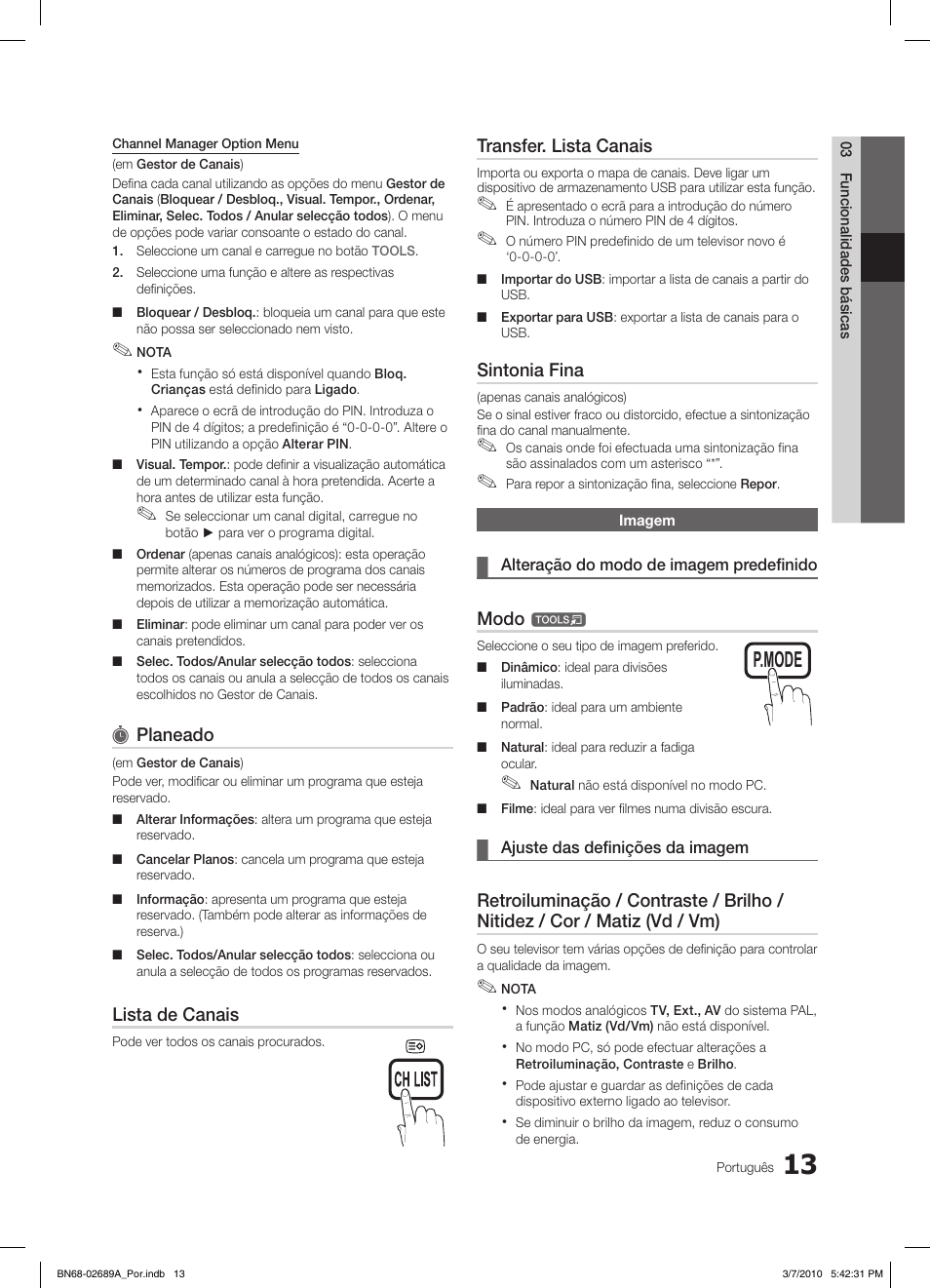 S.mode p.mode s.mode p.mode, Planeado, Lista de canais | Transfer. lista canais, Sintonia fina, Modo | Samsung LE46C630K1W User Manual | Page 160 / 296