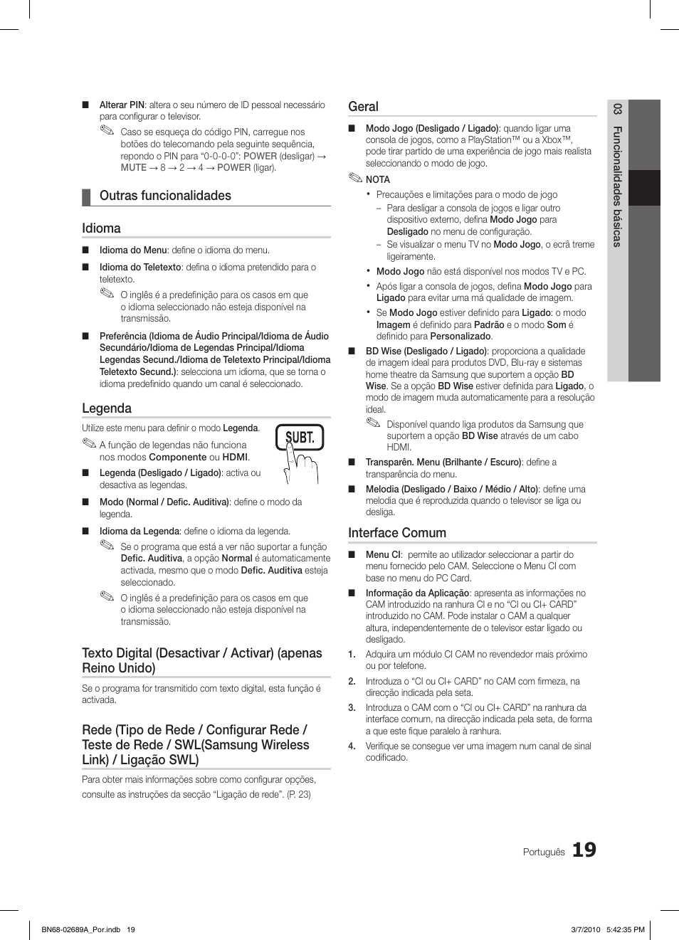 S.mode p.mode, Outras funcionalidades ¦ idioma, Legenda | Geral, Interface comum | Samsung LE46C630K1W User Manual | Page 166 / 296