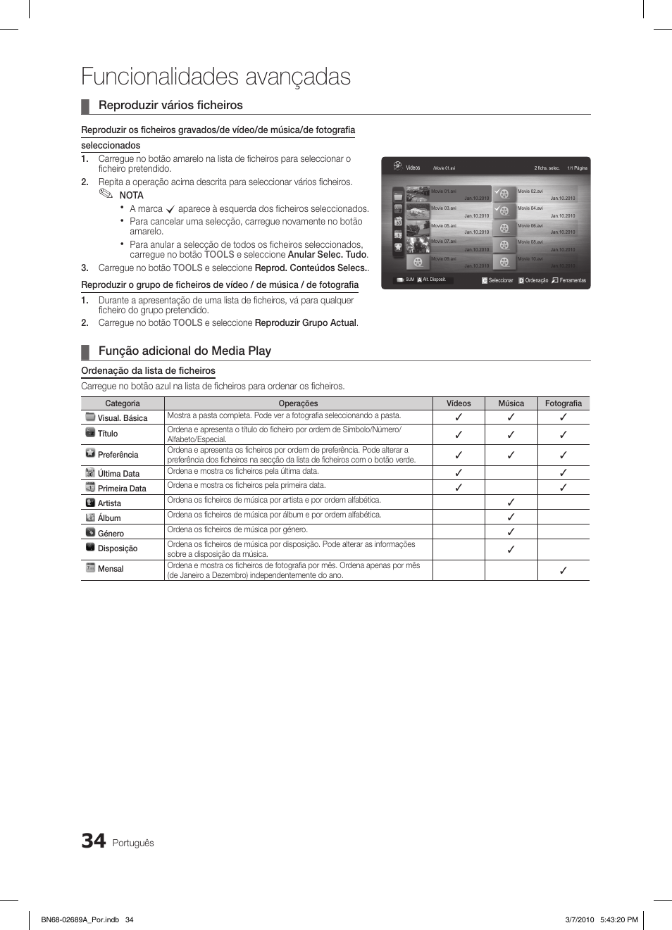 Funcionalidades avançadas, Reproduzir vários ficheiros, Função adicional do media play | Samsung LE46C630K1W User Manual | Page 181 / 296