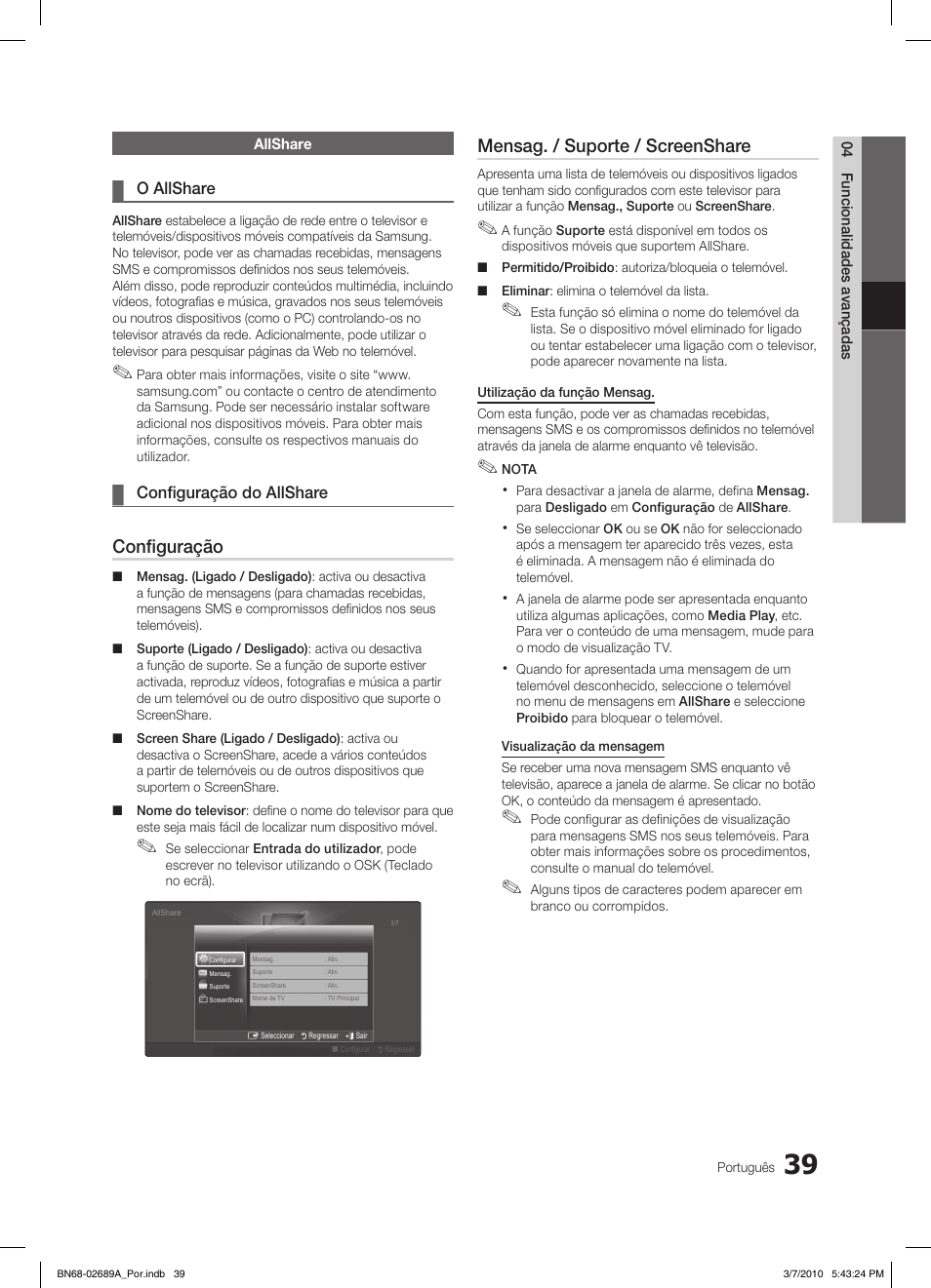 Configuração, Mensag. / suporte / screenshare | Samsung LE46C630K1W User Manual | Page 186 / 296
