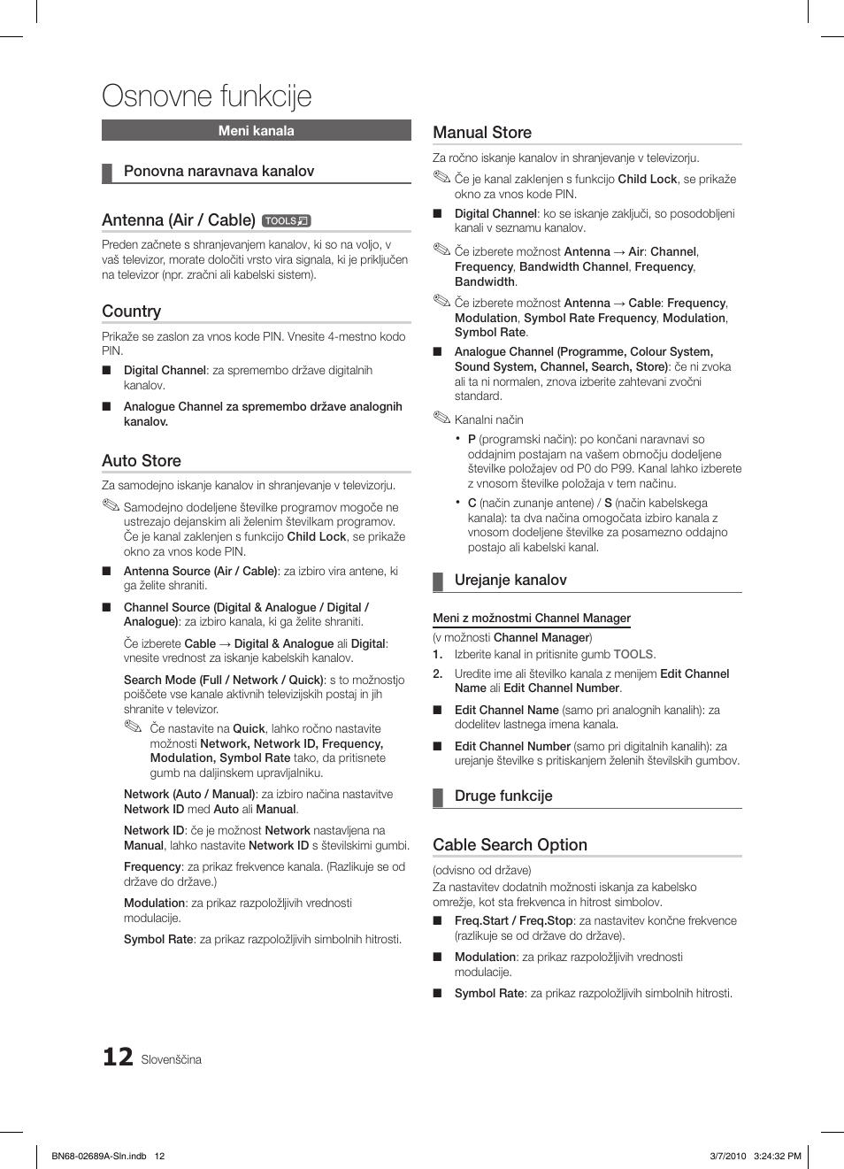 Osnovne funkcije, Antenna (air / cable), Country | Auto store, Manual store, Cable search option | Samsung LE46C630K1W User Manual | Page 208 / 296