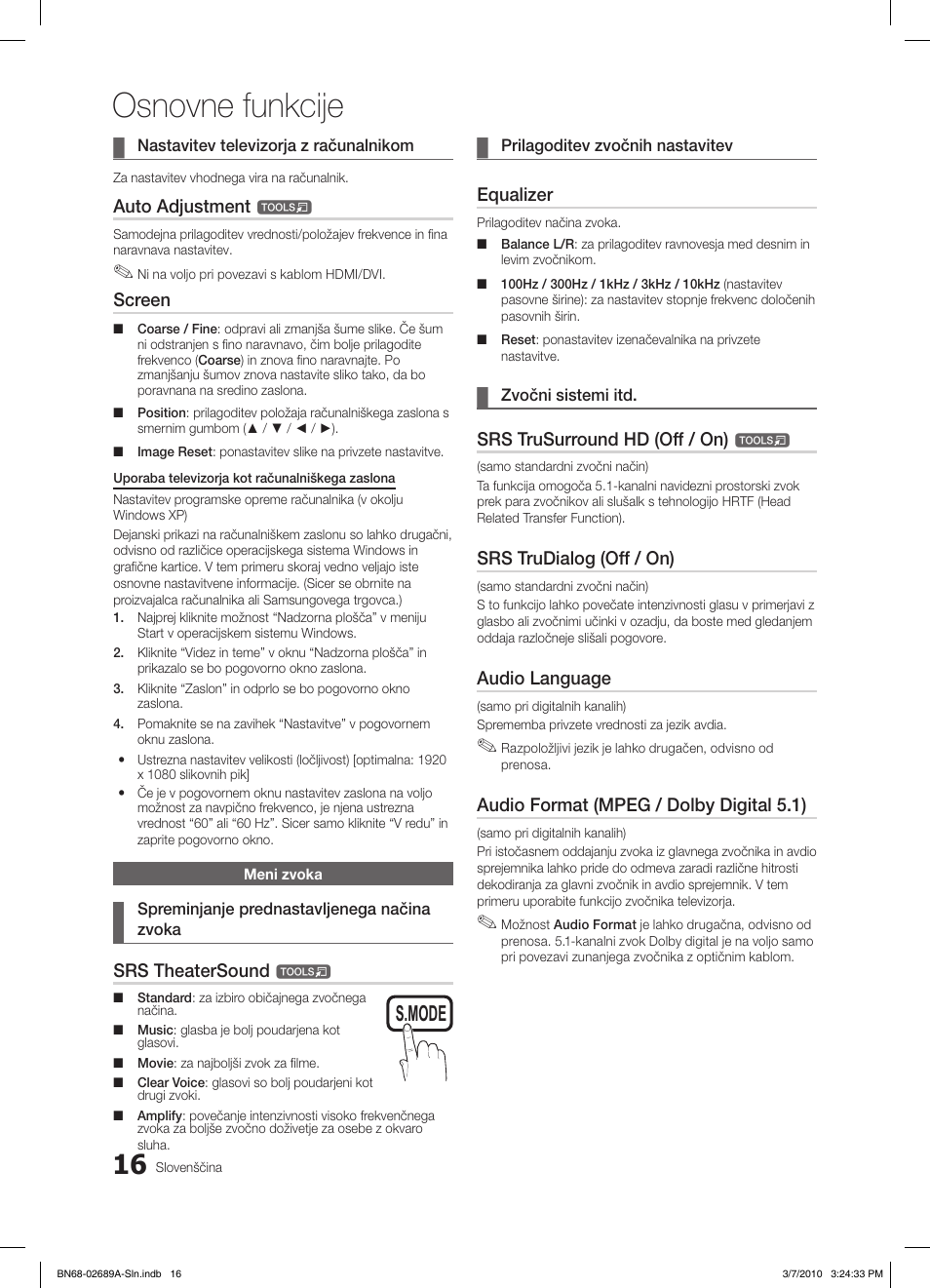 Osnovne funkcije, S.mode p.mode, Auto adjustment | Screen, Srs theatersound, Equalizer, Srs trusurround hd (off / on), Srs trudialog (off / on), Audio language, Audio format (mpeg / dolby digital 5.1) | Samsung LE46C630K1W User Manual | Page 212 / 296