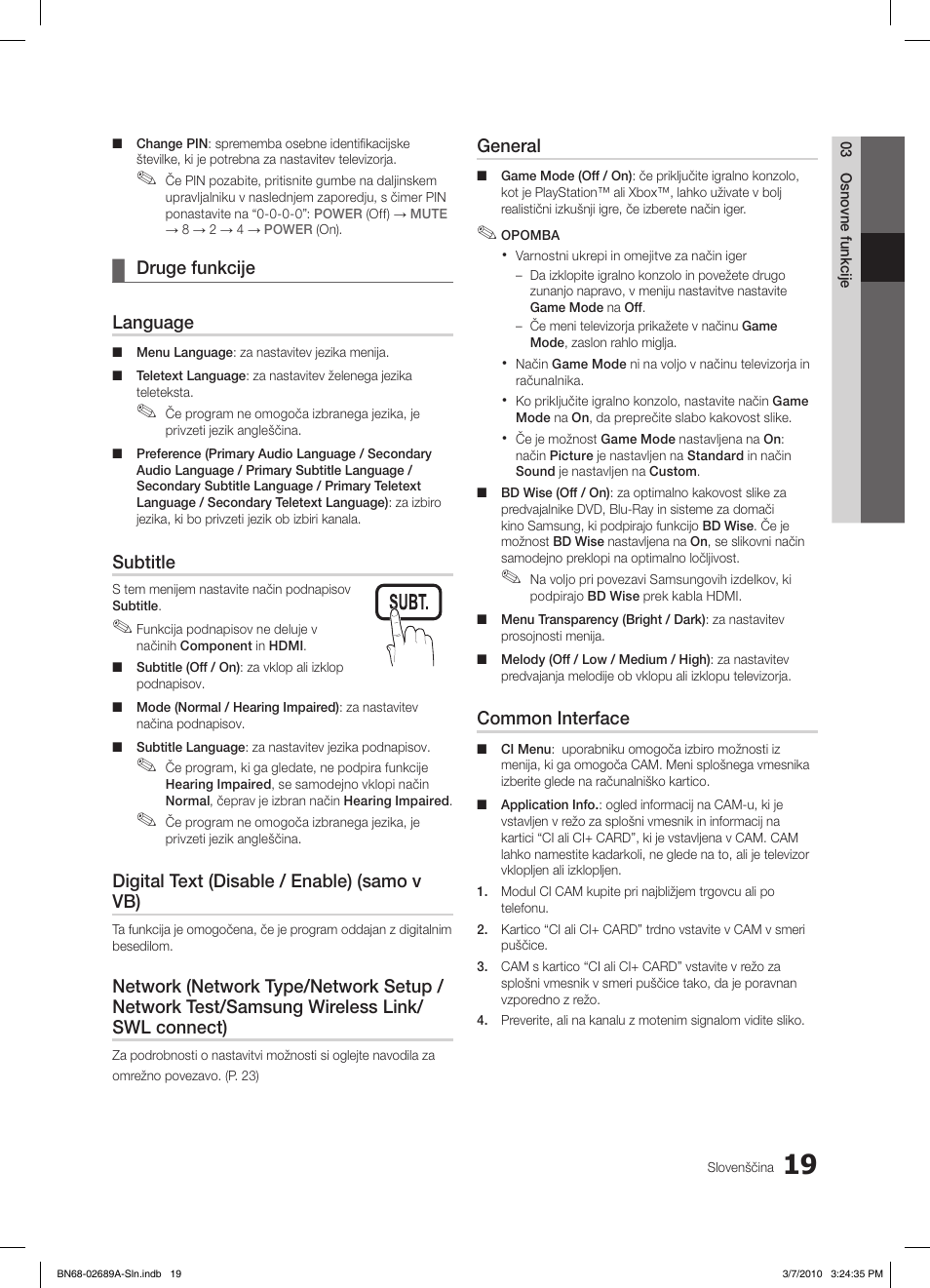 S.mode p.mode, Druge funkcije ¦ language, Subtitle | Digital text (disable / enable) (samo v vb), General, Common interface | Samsung LE46C630K1W User Manual | Page 215 / 296