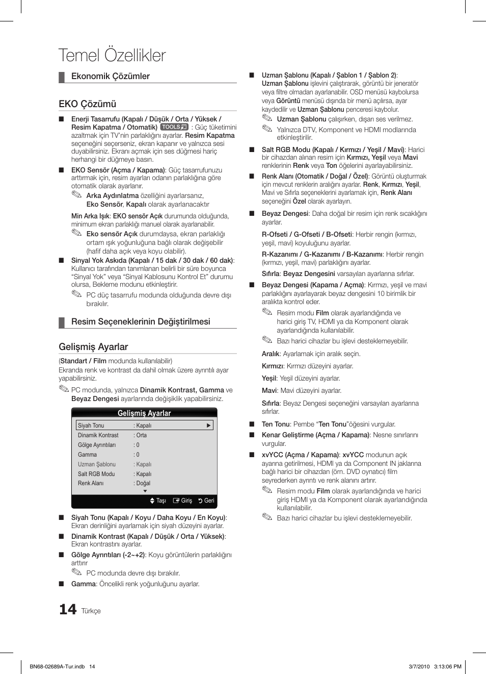 Temel özellikler, Eko çözümü, Gelişmiş ayarlar | Samsung LE46C630K1W User Manual | Page 259 / 296