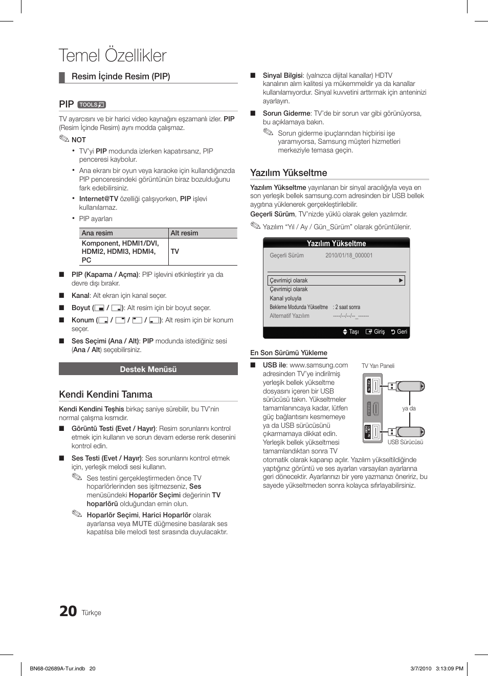 Temel özellikler, Kendi kendini tanıma, Yazılım yükseltme | Samsung LE46C630K1W User Manual | Page 265 / 296