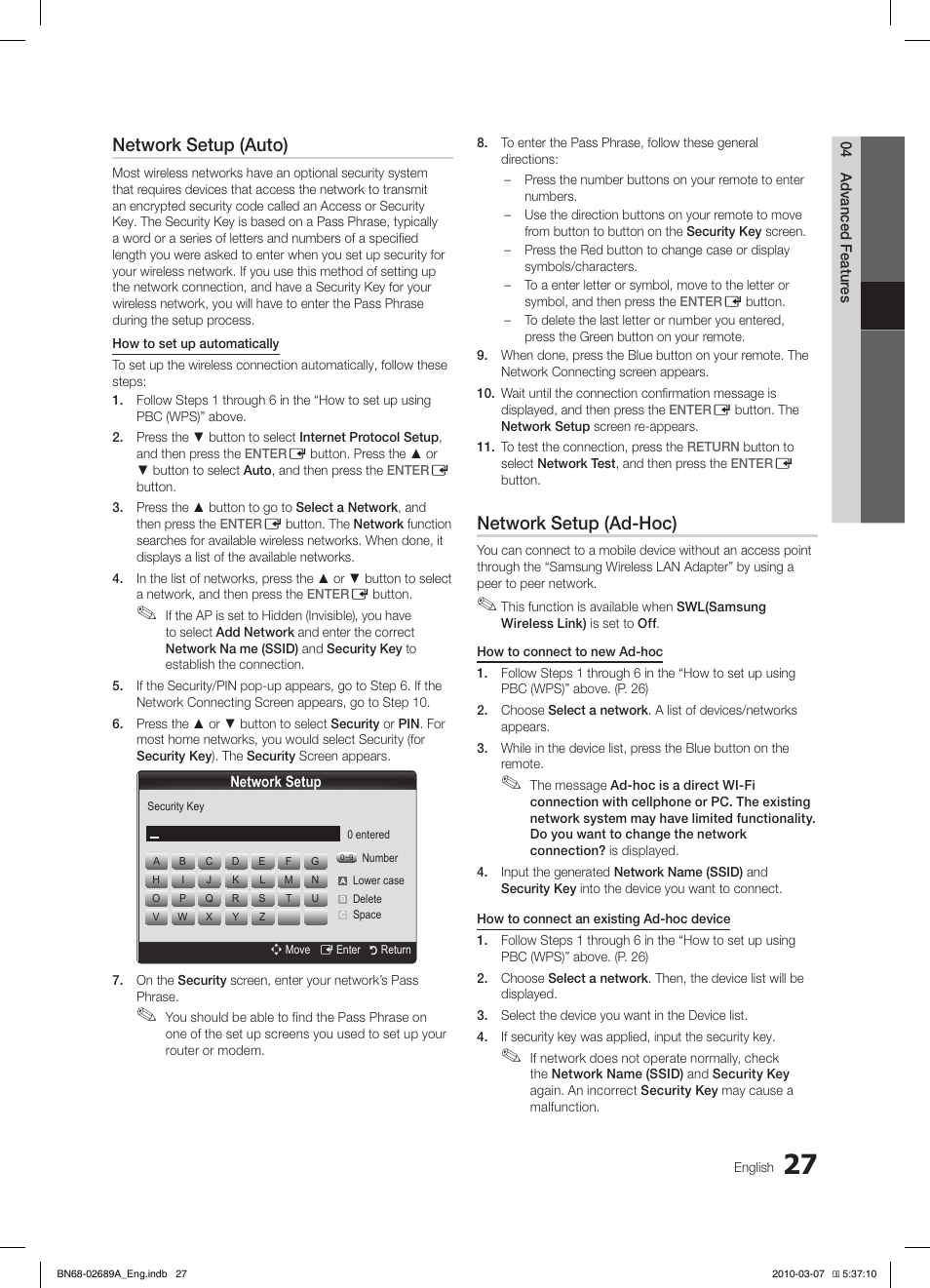 Network setup (auto), Network setup (ad-hoc) | Samsung LE46C630K1W User Manual | Page 27 / 296