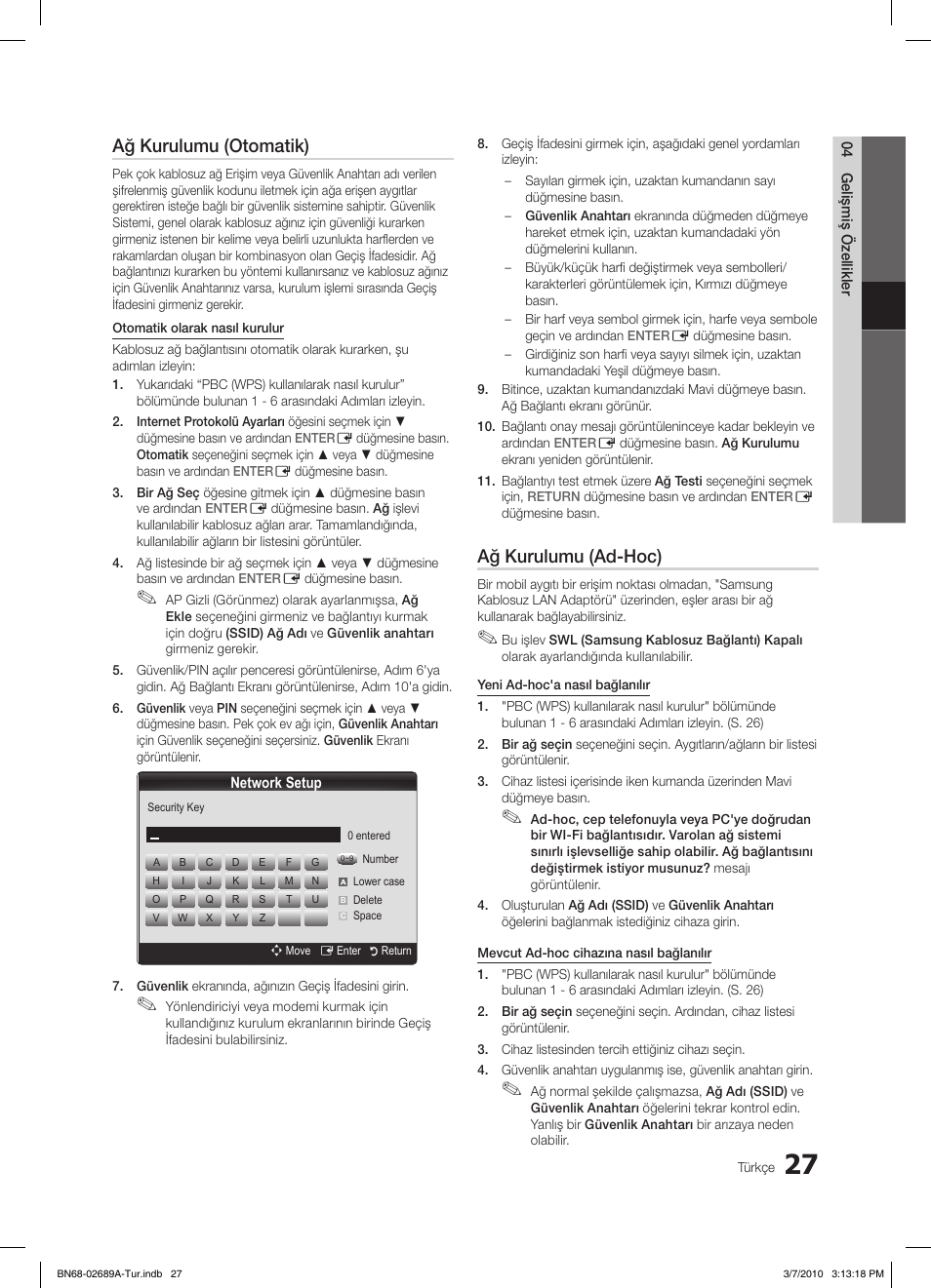 Ağ kurulumu (otomatik), Ağ kurulumu (ad-hoc) | Samsung LE46C630K1W User Manual | Page 272 / 296