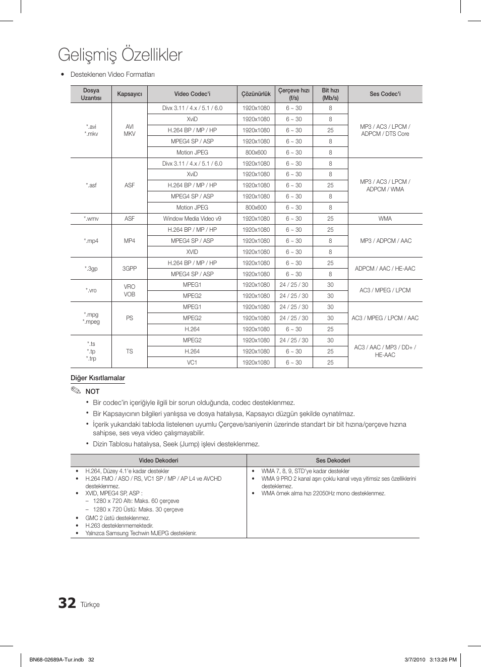 Gelişmiş özellikler | Samsung LE46C630K1W User Manual | Page 277 / 296