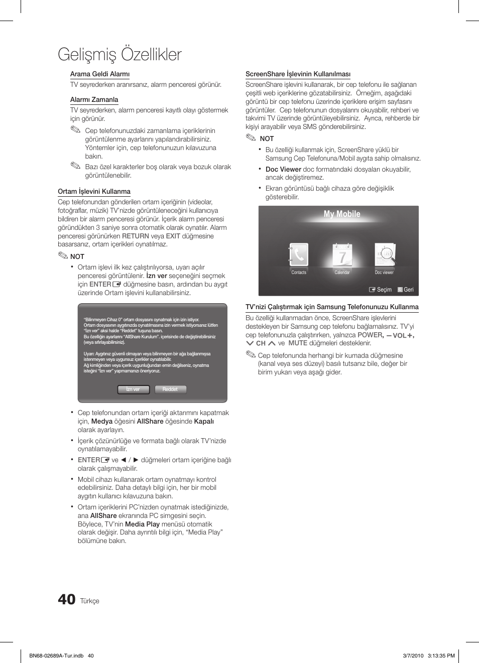 Gelişmiş özellikler | Samsung LE46C630K1W User Manual | Page 285 / 296