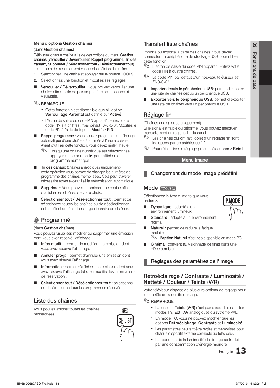 S.mode p.mode s.mode p.mode, Programmé, Liste des chaînes | Transfert liste chaînes, Réglage fin, Mode | Samsung LE46C630K1W User Manual | Page 62 / 296