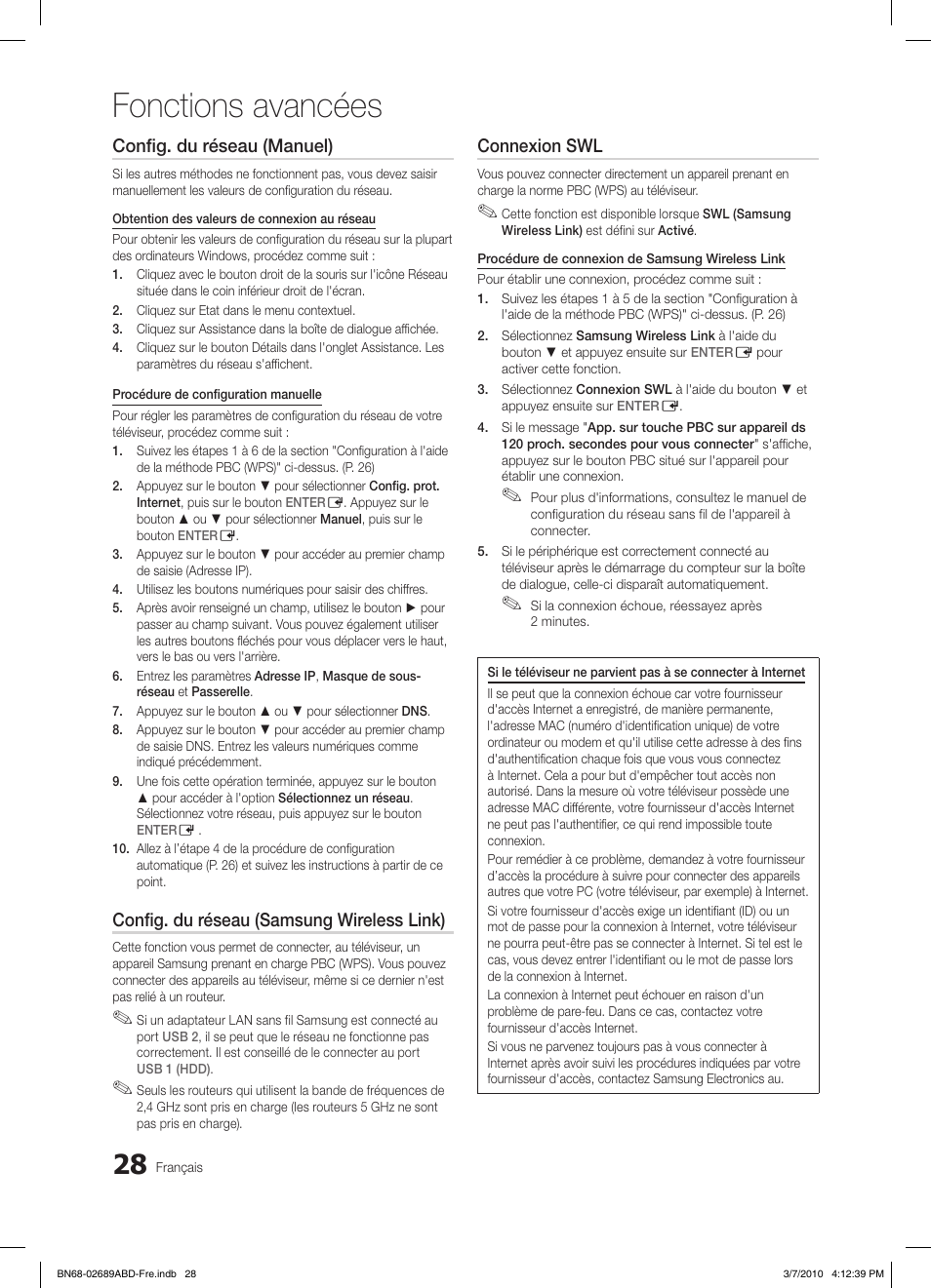 Fonctions avancées, Config. du réseau (manuel), Config. du réseau (samsung wireless link) | Connexion swl | Samsung LE46C630K1W User Manual | Page 77 / 296