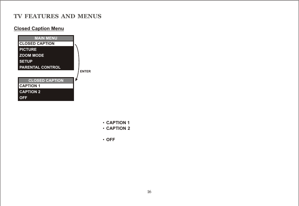 Tv features and menus | Audiovox Jensen JE17FDTV User Manual | Page 16 / 39