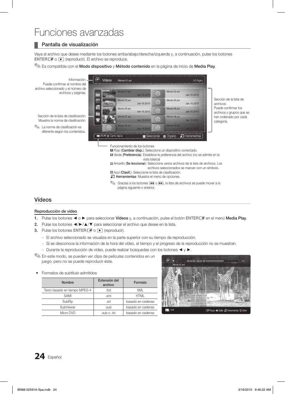 Funciones avanzadas, Vídeos, Pantalla de visualización | Samsung LE19C451E2W User Manual | Page 102 / 236