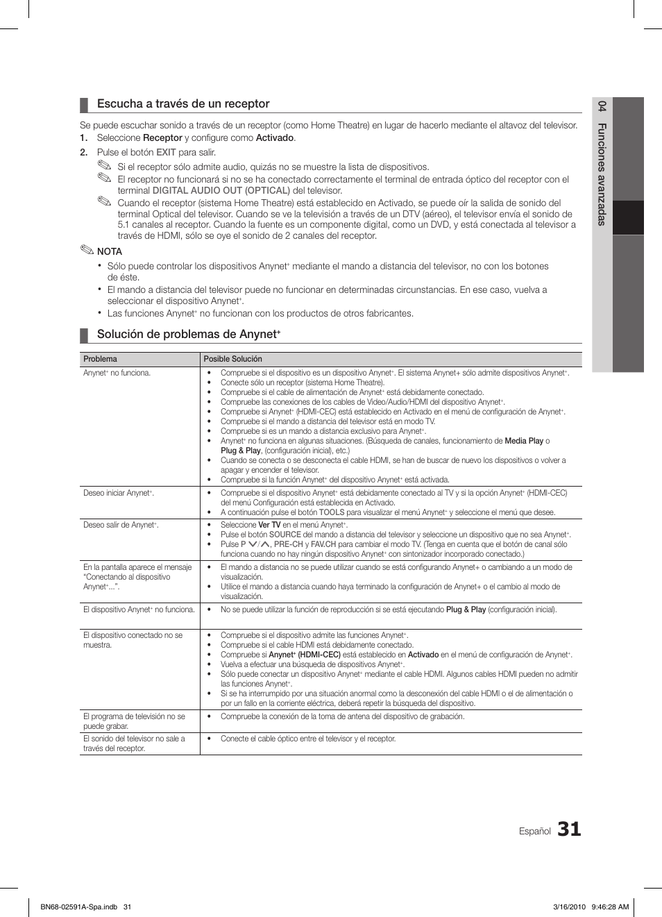 Escucha a través de un receptor, Solución de problemas de anynet | Samsung LE19C451E2W User Manual | Page 109 / 236
