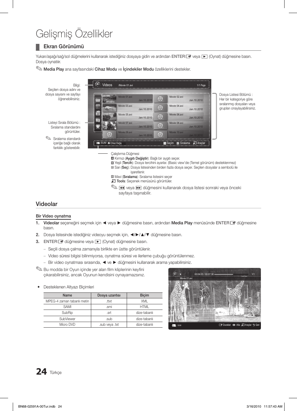 Gelişmiş özellikler, Videolar, Ekran görünümü | Samsung LE19C451E2W User Manual | Page 219 / 236