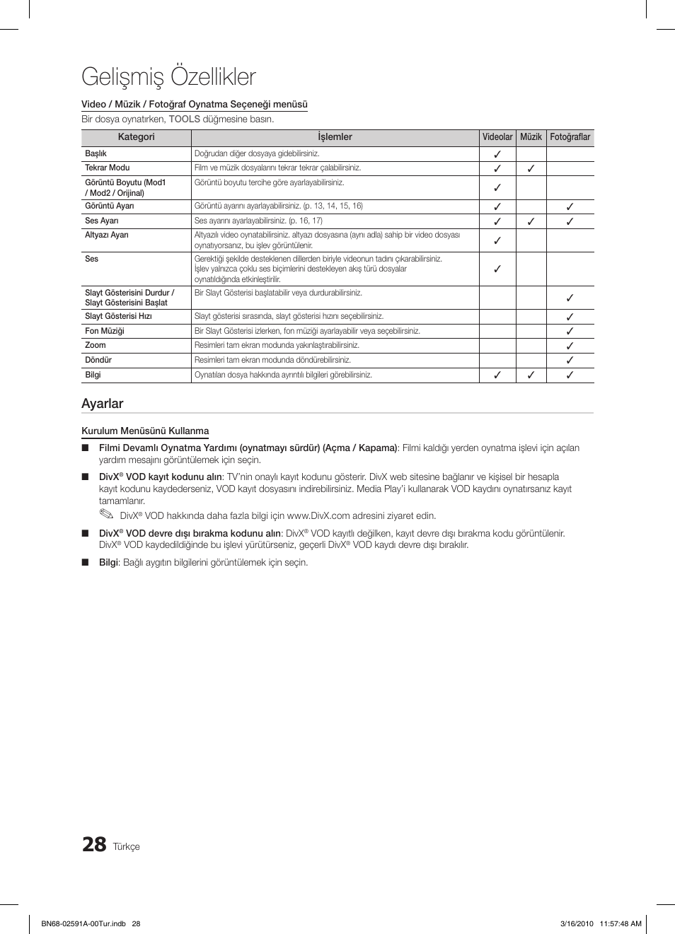 Gelişmiş özellikler, Ayarlar | Samsung LE19C451E2W User Manual | Page 223 / 236