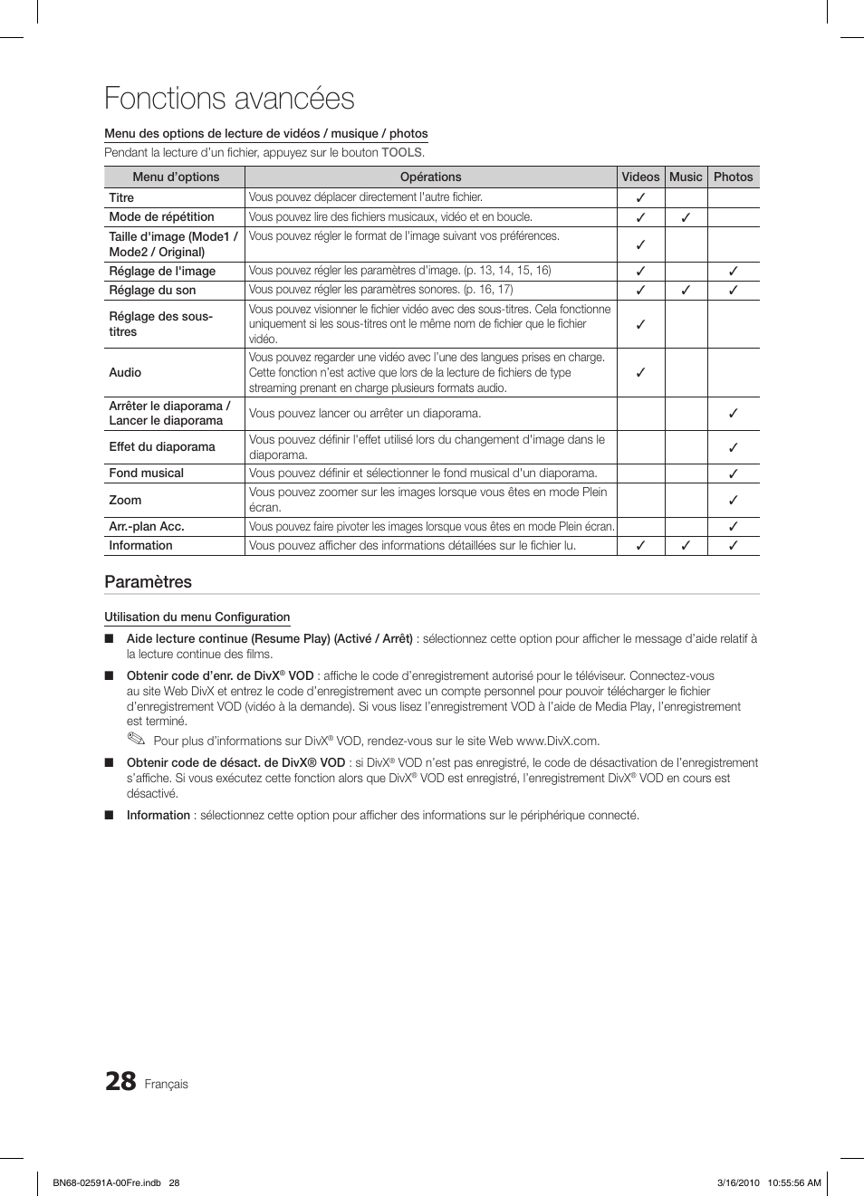 Fonctions avancées, Paramètres | Samsung LE19C451E2W User Manual | Page 67 / 236