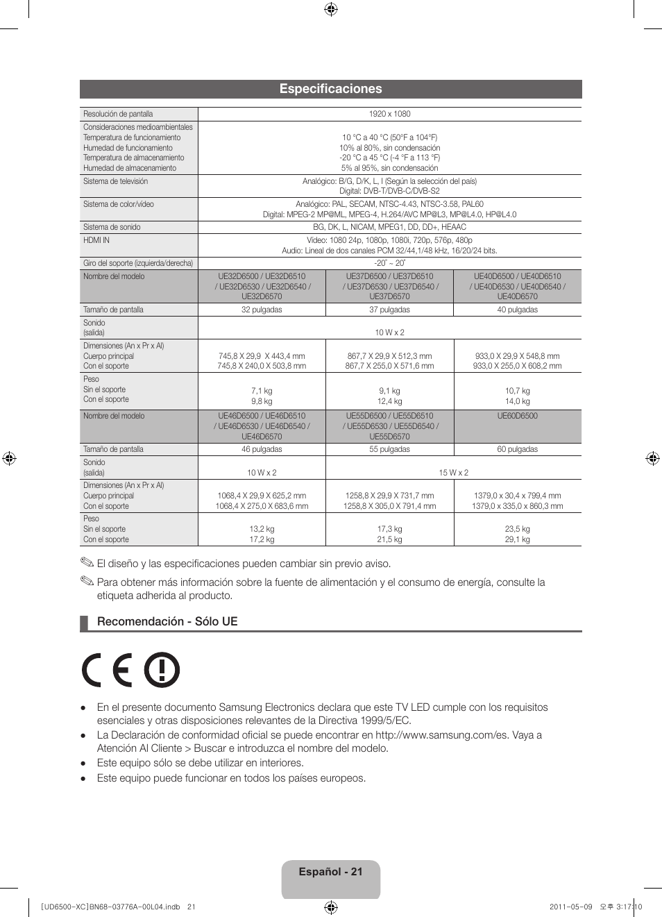 Especificaciones, Recomendación - sólo ue | Samsung UE32D6510WS User Manual | Page 61 / 82