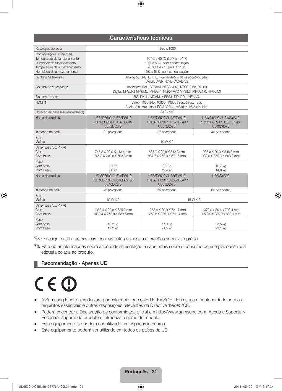 Características técnicas, Recomendação - apenas ue | Samsung UE32D6510WS User Manual | Page 81 / 82