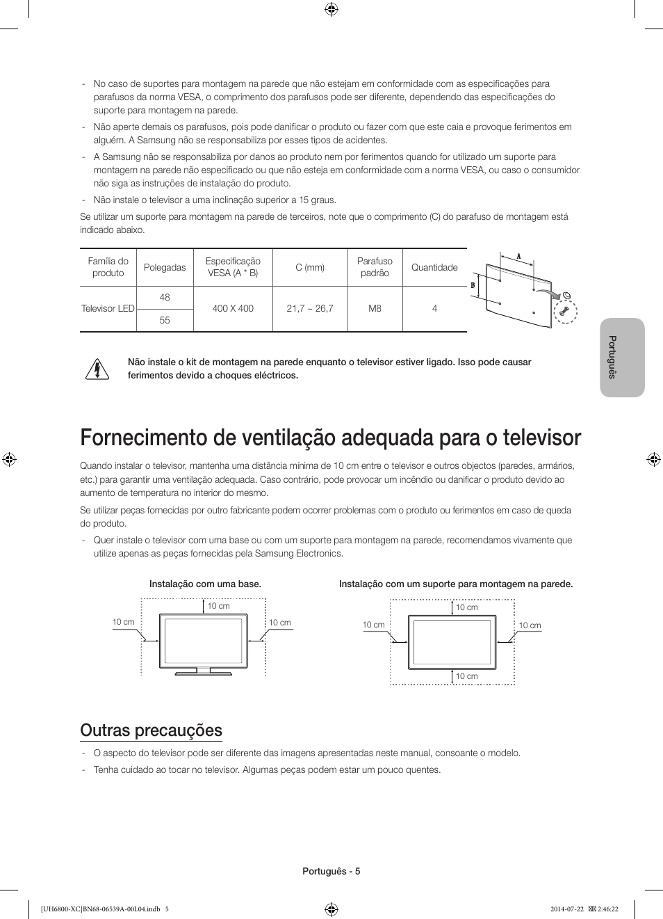 Outras precauções | Samsung UE48H6800AW User Manual | Page 65 / 81