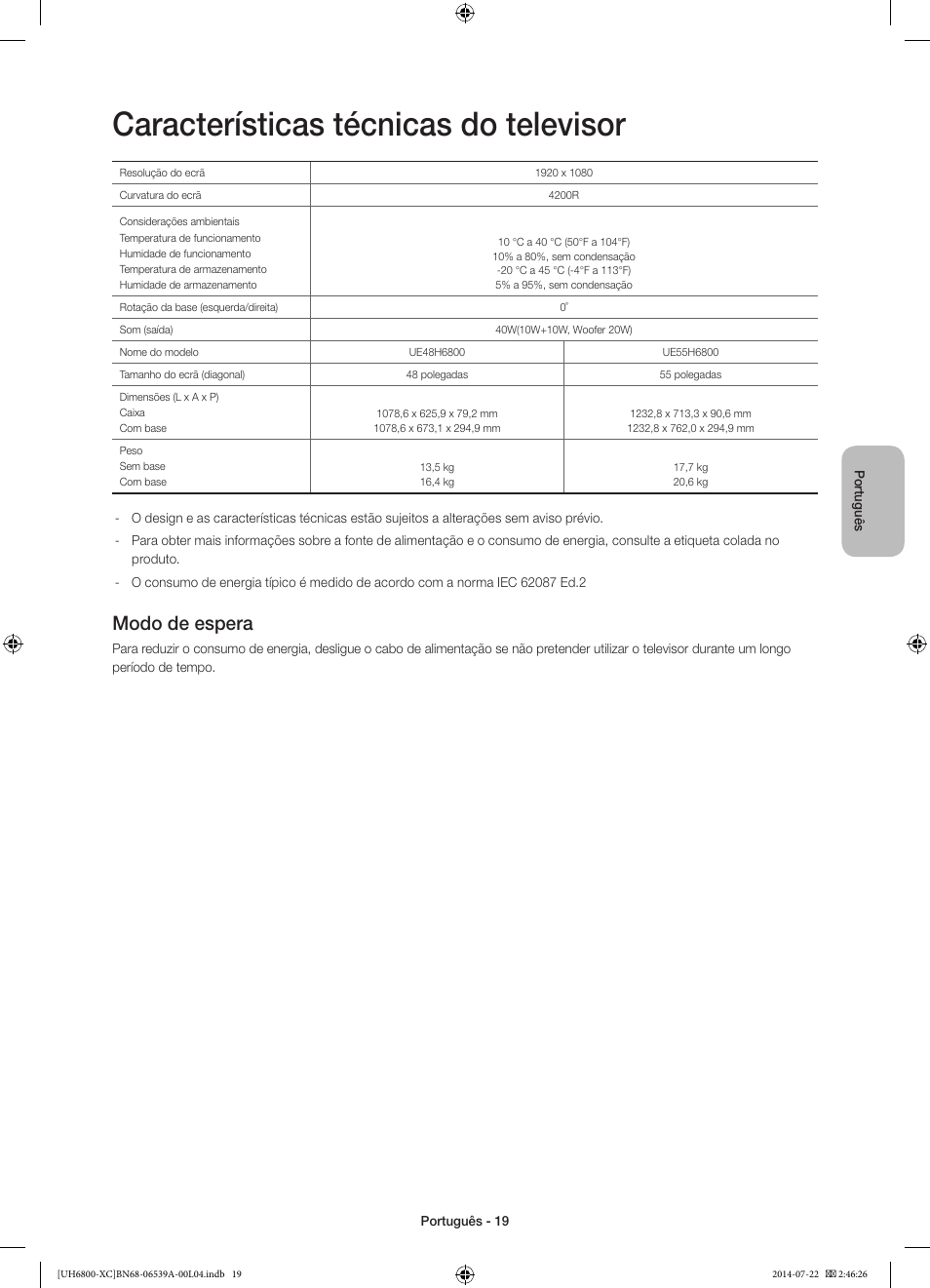 Características técnicas do televisor, Modo de espera | Samsung UE48H6800AW User Manual | Page 79 / 81