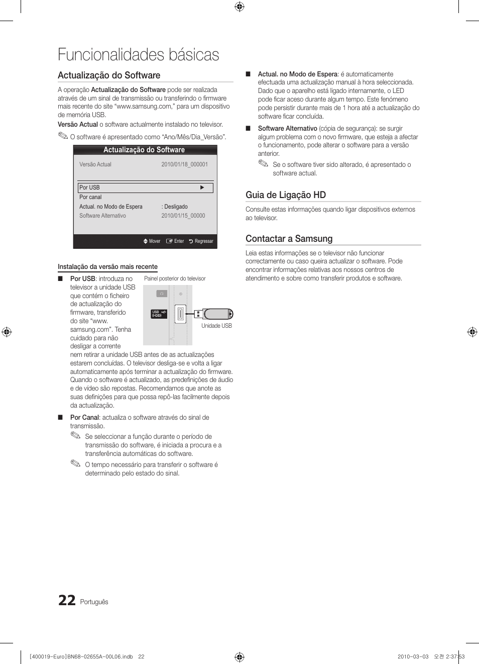Funcionalidades básicas, Actualização do software, Guia de ligação hd | Contactar a samsung | Samsung UE22C4000PW User Manual | Page 148 / 253