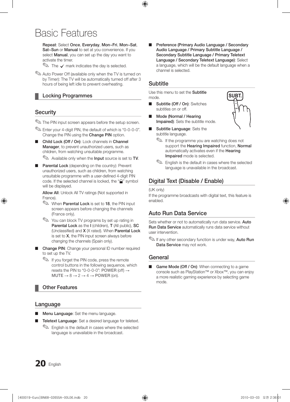 Basic features | Samsung UE22C4000PW User Manual | Page 20 / 253