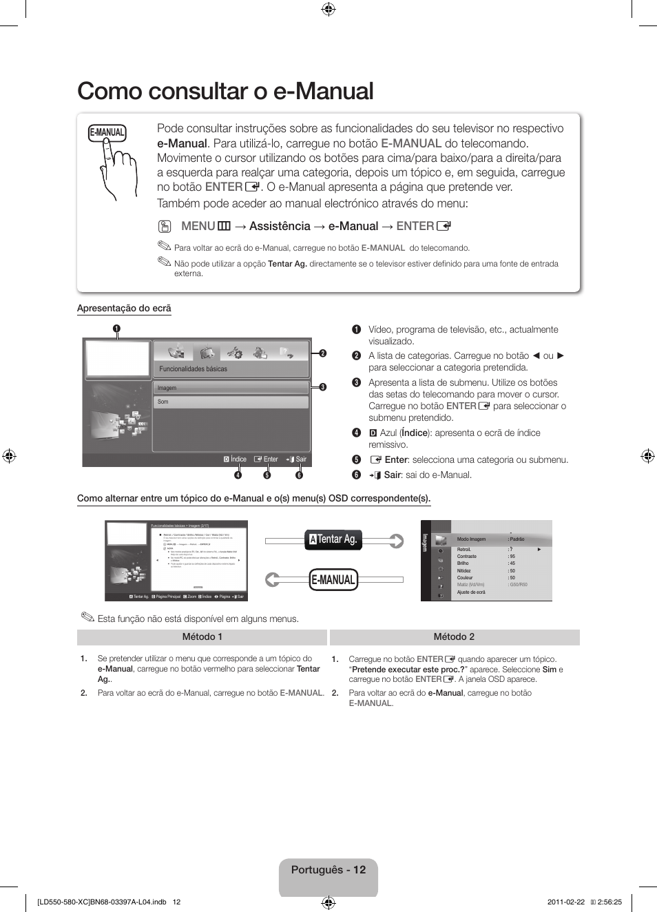 Como consultar o e-manual, E-manual, Atentar ag | Menu m → assistência → e-manual → enter e | Samsung LE40D550K1W User Manual | Page 60 / 65