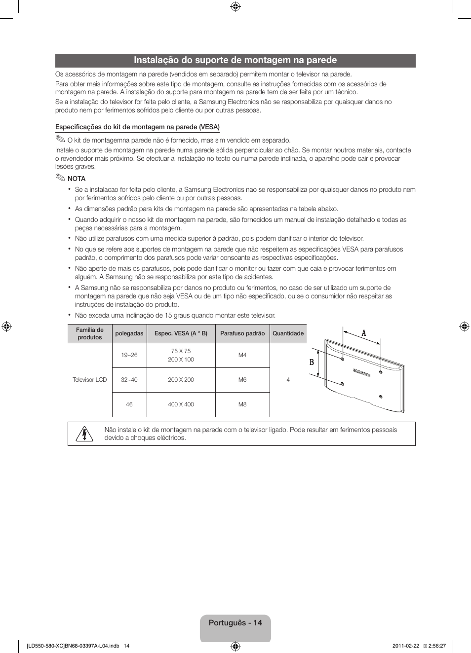 Instalação do suporte de montagem na parede | Samsung LE40D550K1W User Manual | Page 62 / 65
