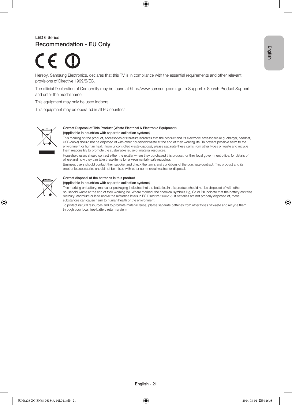 Recommendation - eu only | Samsung UE40H5303AW User Manual | Page 21 / 82