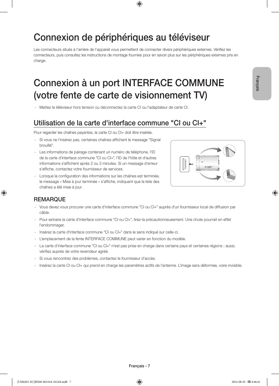 Connexion de périphériques au téléviseur, Remarque | Samsung UE40H5303AW User Manual | Page 27 / 82