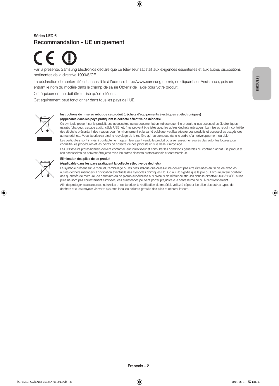 Recommandation - ue uniquement | Samsung UE40H5303AW User Manual | Page 41 / 82