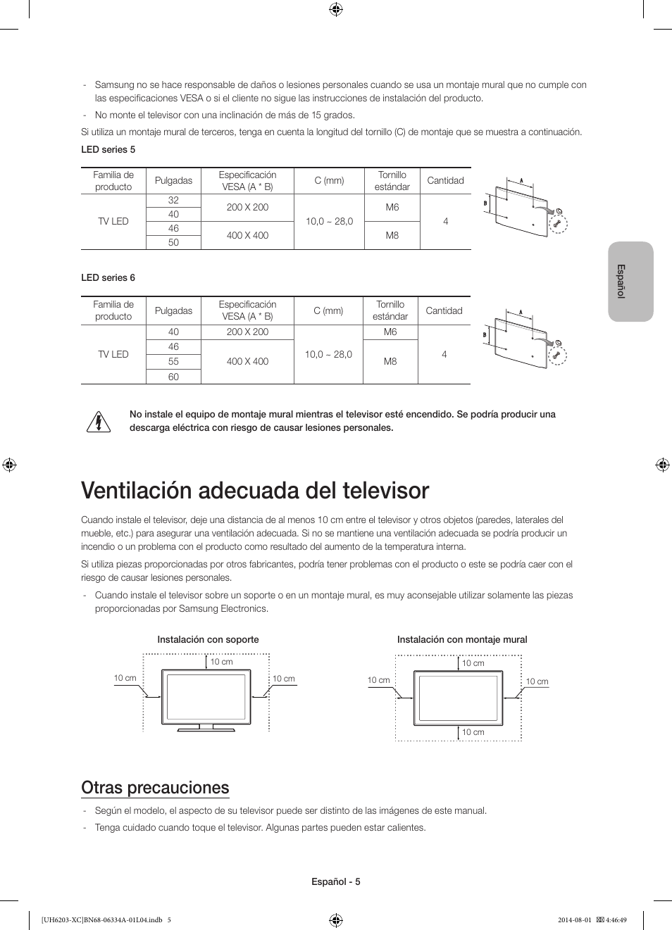 Ventilación adecuada del televisor, Otras precauciones | Samsung UE40H5303AW User Manual | Page 45 / 82