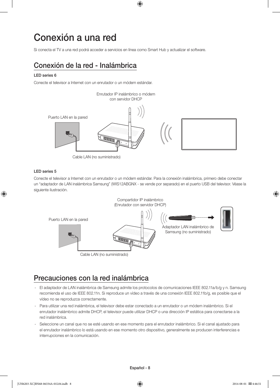Conexión a una red, Conexión de la red - inalámbrica, Precauciones con la red inalámbrica | Samsung UE40H5303AW User Manual | Page 48 / 82
