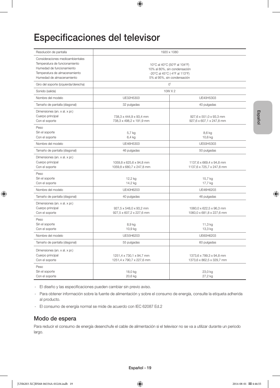 Especificaciones del televisor, Modo de espera | Samsung UE40H5303AW User Manual | Page 59 / 82