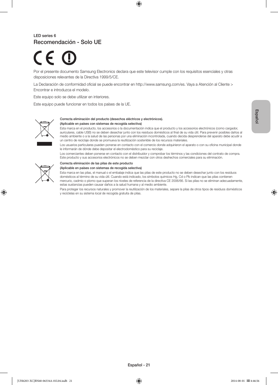 Recomendación - solo ue | Samsung UE40H5303AW User Manual | Page 61 / 82