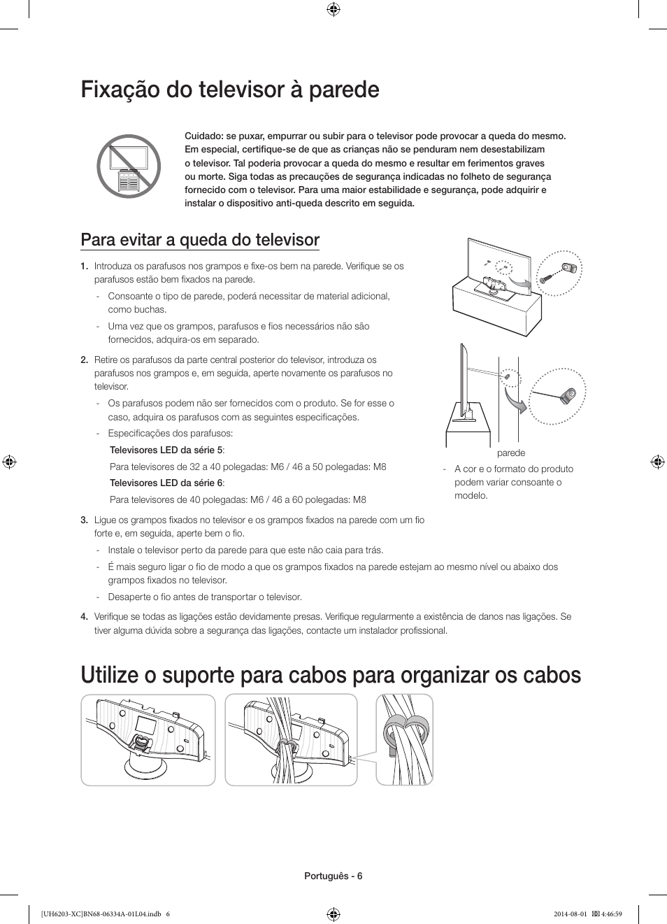 Fixação do televisor à parede, Para evitar a queda do televisor | Samsung UE40H5303AW User Manual | Page 66 / 82