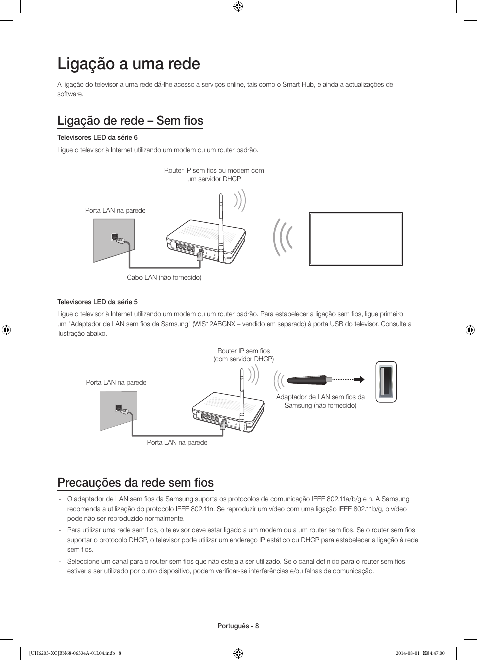 Ligação a uma rede, Ligação de rede – sem fios, Precauções da rede sem fios | Samsung UE40H5303AW User Manual | Page 68 / 82