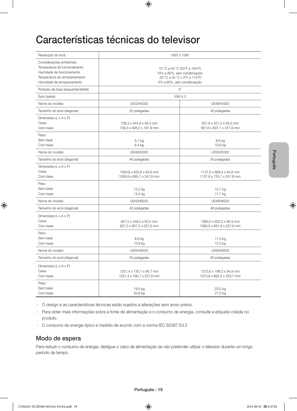 Características técnicas do televisor, Modo de espera | Samsung UE40H5303AW User Manual | Page 79 / 82
