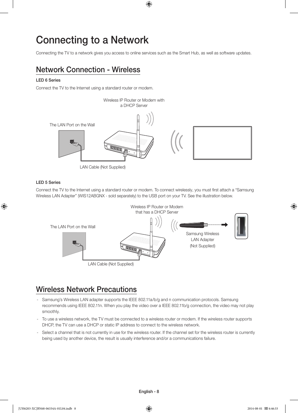 Connecting to a network, Network connection - wireless, Wireless network precautions | Samsung UE40H5303AW User Manual | Page 8 / 82