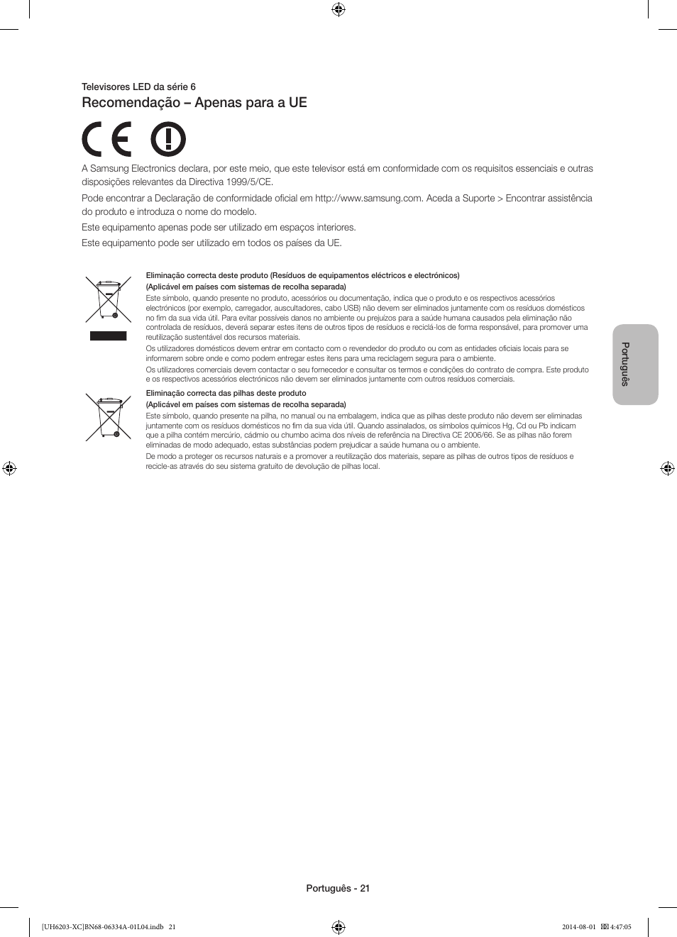 Recomendação – apenas para a ue | Samsung UE40H5303AW User Manual | Page 81 / 82