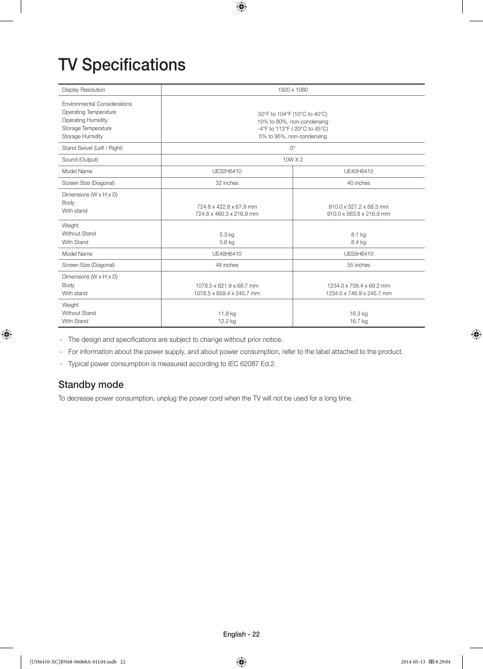 10 specifications and other information, Tv specifications, Standby mode | Samsung UE40H6410SS User Manual | Page 22 / 89