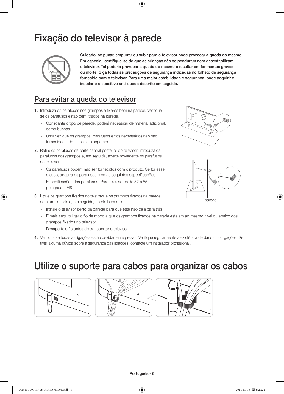 Fixação do televisor à parede, Para evitar a queda do televisor | Samsung UE40H6410SS User Manual | Page 72 / 89